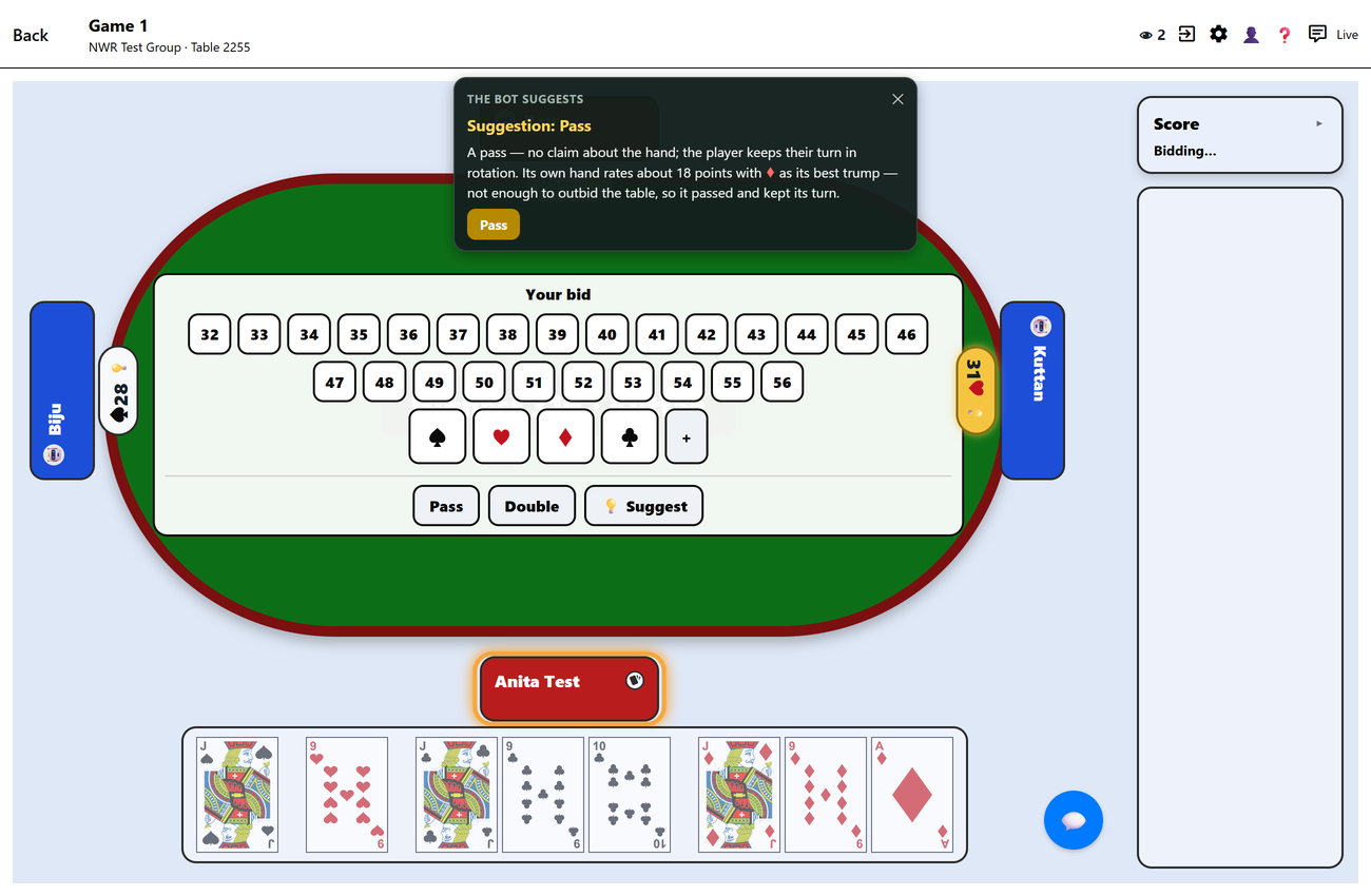 The BOT's suggestion tip over the bidding keyboard