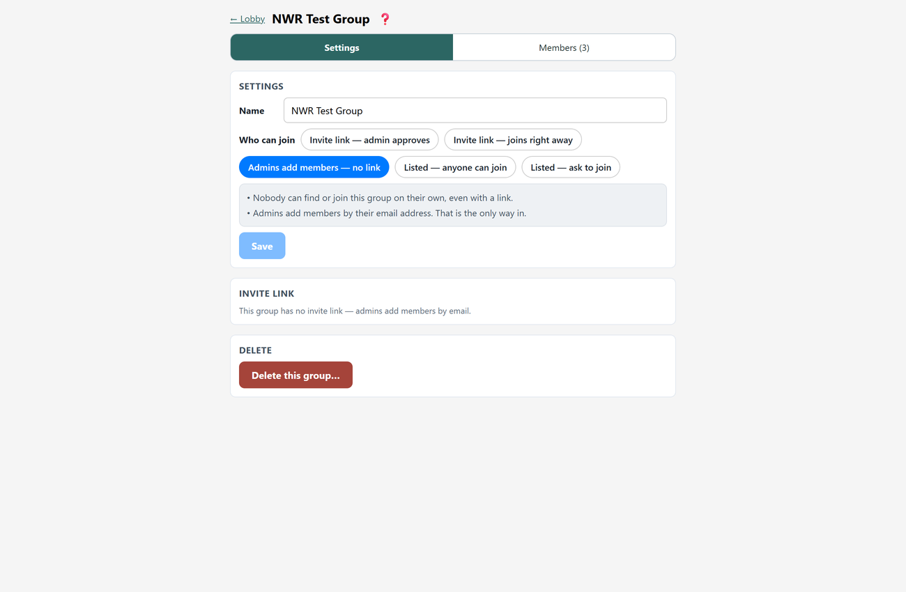 A private group's page: members, invite link, settings