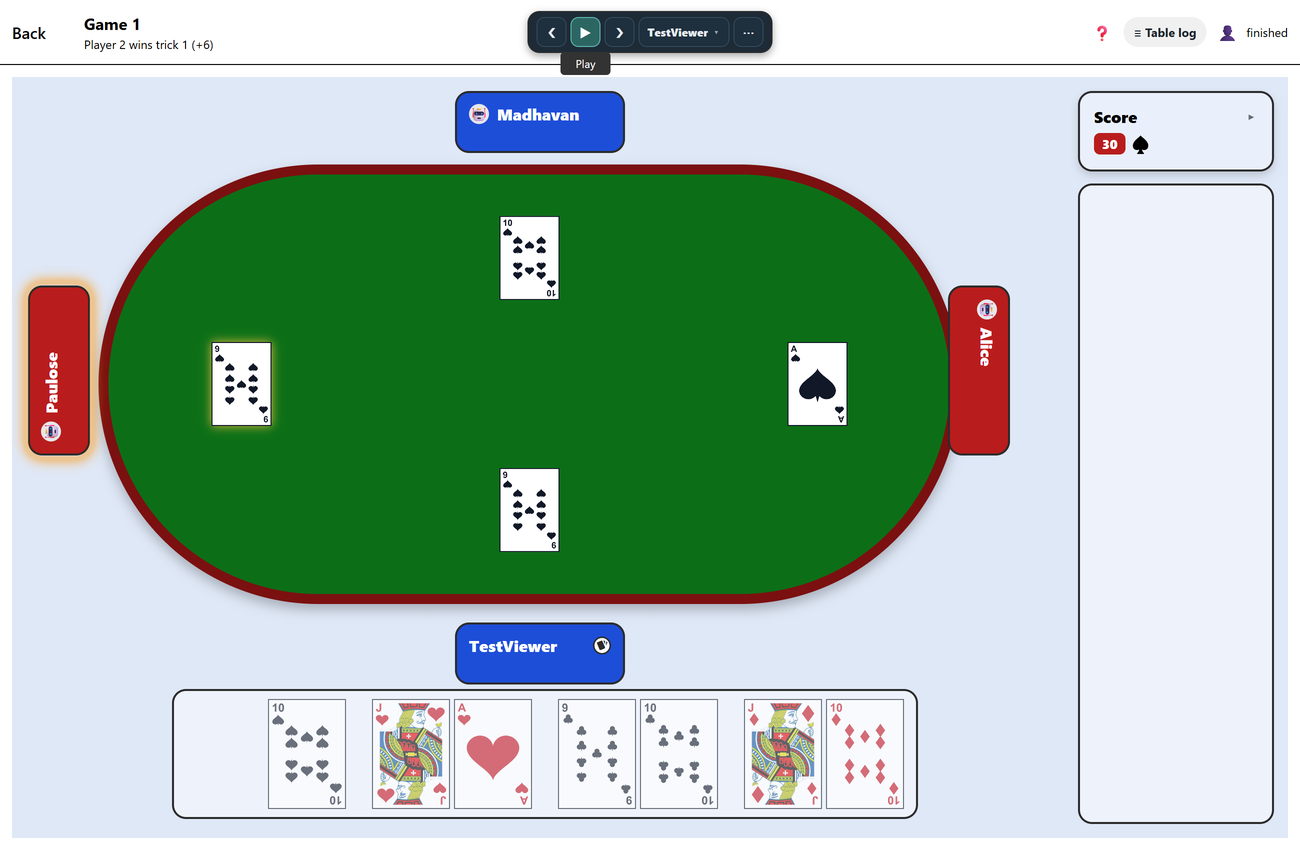 The same match replayed on the board, card by card